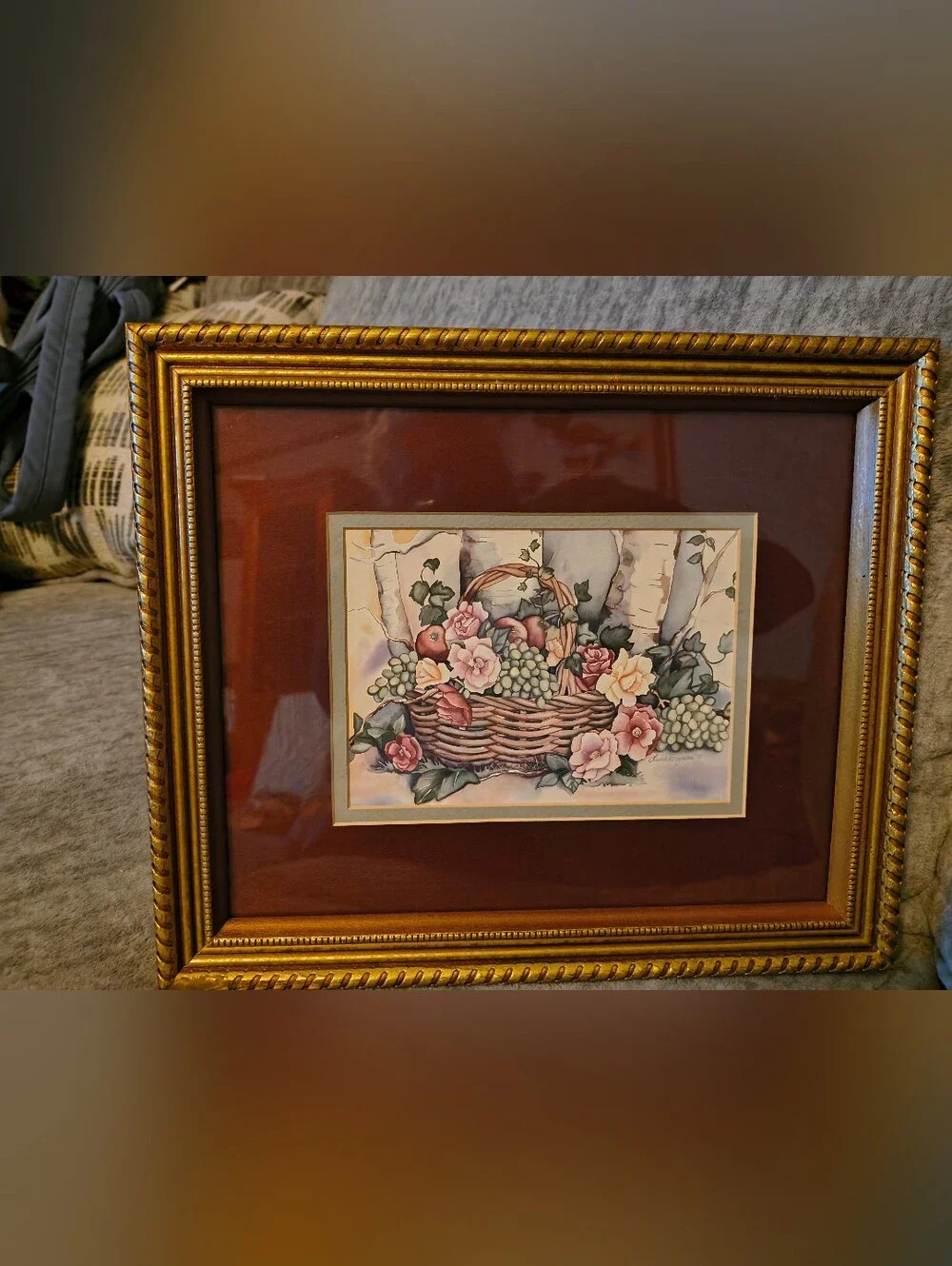 Vintage Gold Framed Floral Basket Wall Art - Burgundy Mat